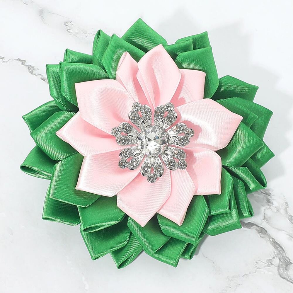 Pink Green Crystal Floral Brooch 5" Satin Ribbon Pin Hairpin Statement Accessory